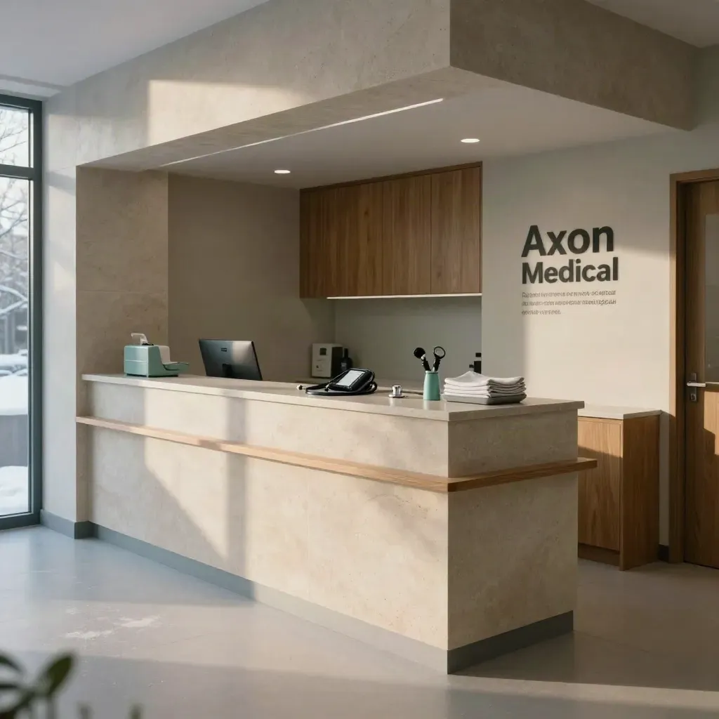 Empty modern clinic reception with medical tools and dawn light after snowfall.