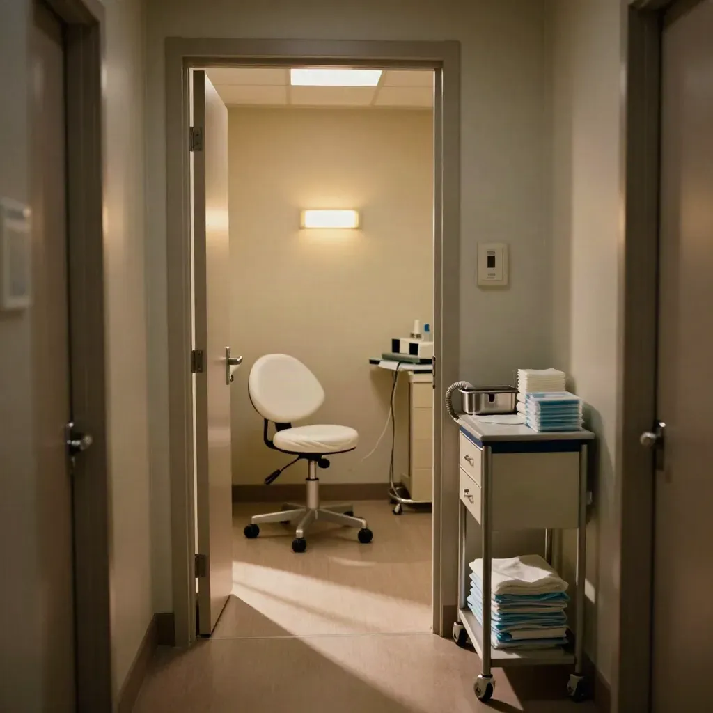 Walk-in clinic triage alcove with stool, pulse-ox tray, and supply cart in warm light.