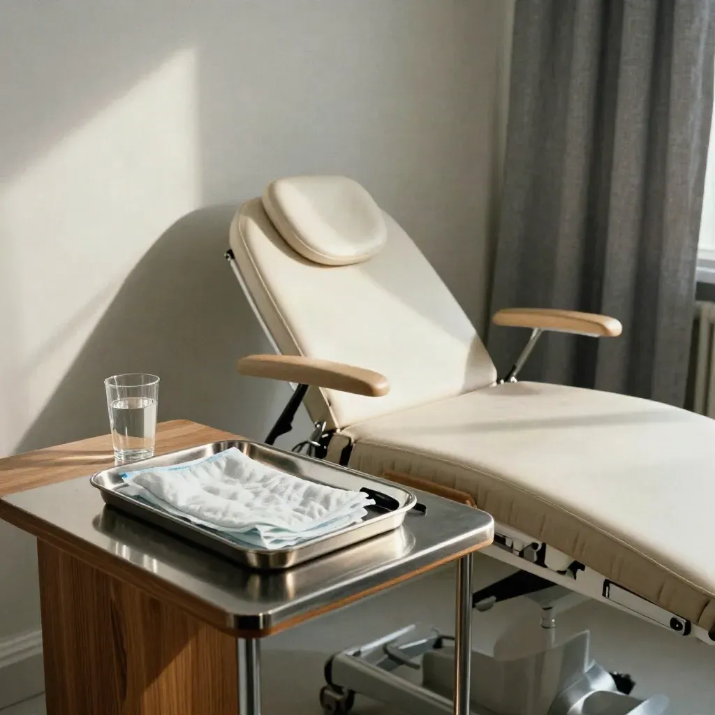 Exam room tray with otoscope dock, warm compress, and water glass in soft daylight