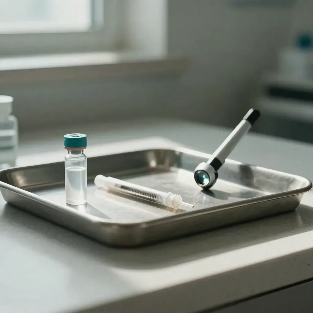 Specimen vial, swab tube and exam light on a pale clinic surface, softly lit in cool tension.