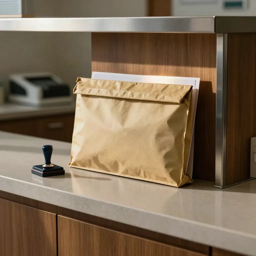 Sealed courier pouch and referral folder on a moody clinic counter with stamp pad and soft light.
