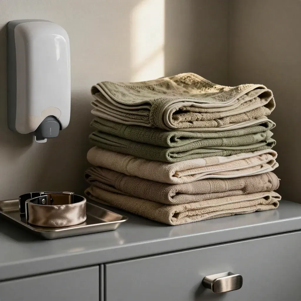 Clinic linen stock, sanitizer unit, and cuff straps in a close-up supply alcove.