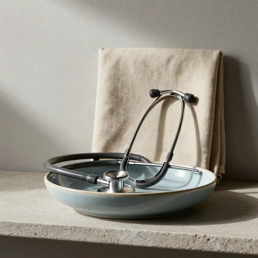 Stethoscope, reflex hammer, and otoscope in a ceramic dish on a stone shelf with linen