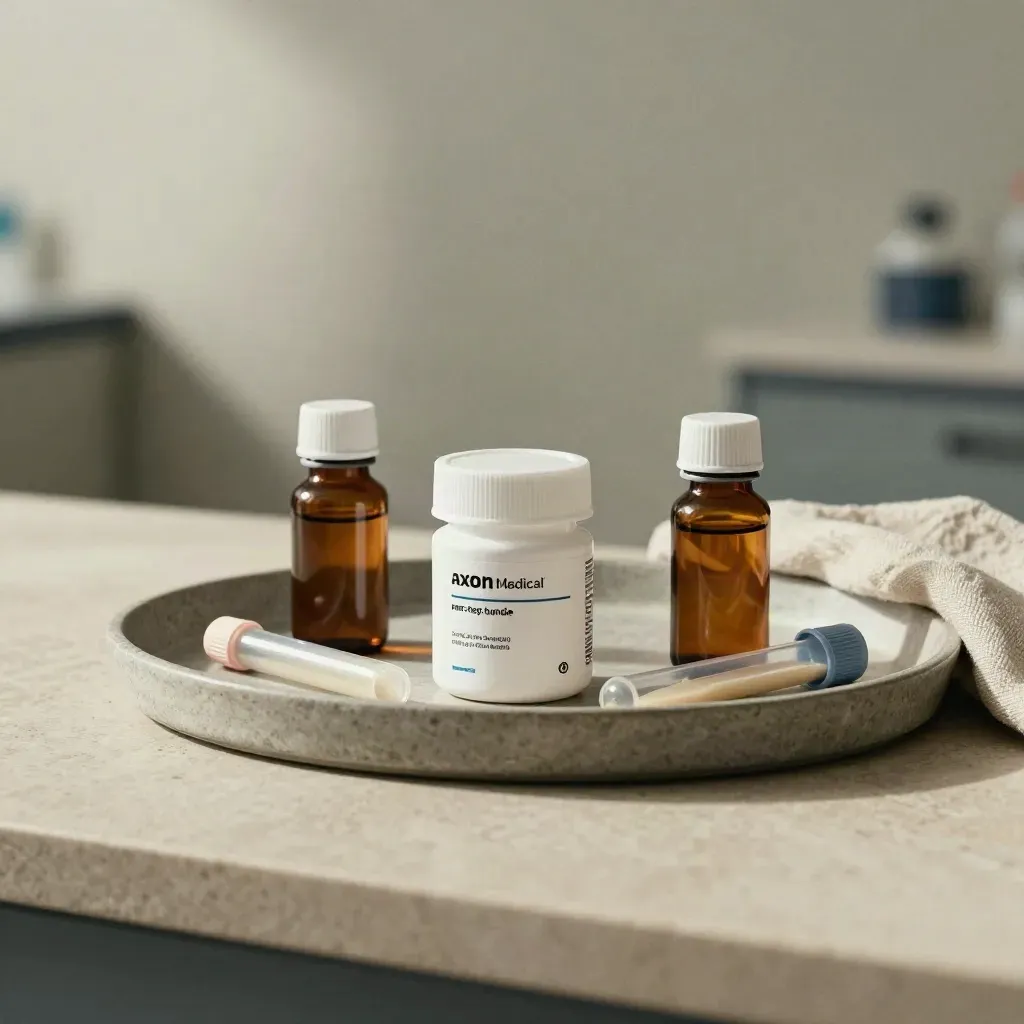 Pill organizer, sealed medicine bottles and a specimen tube on a stone tray with folded linen.