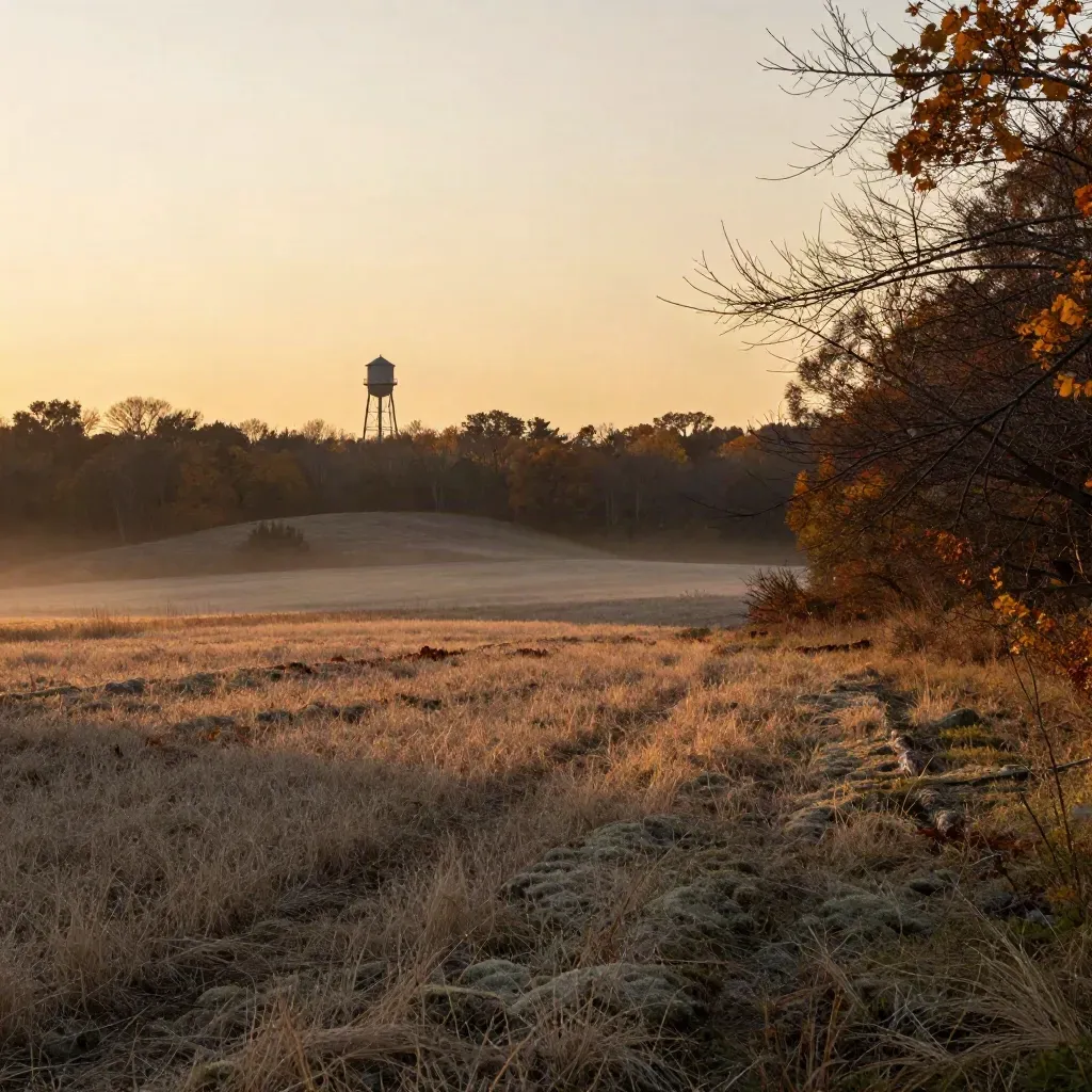 York Region fields and treeline at golden hour with a distant water tower in haze