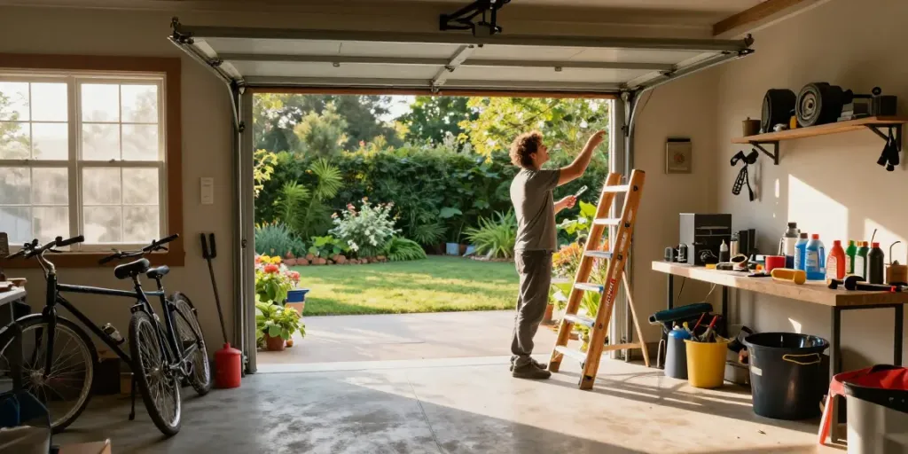 Garage door maintenance Niagara Falls scene with homeowner inspecting door and tools in bright garage.